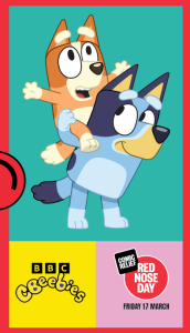 Bluey giving Bingo a piggy back and the BBC Cbeebies and Red Nose Day logo sat below.